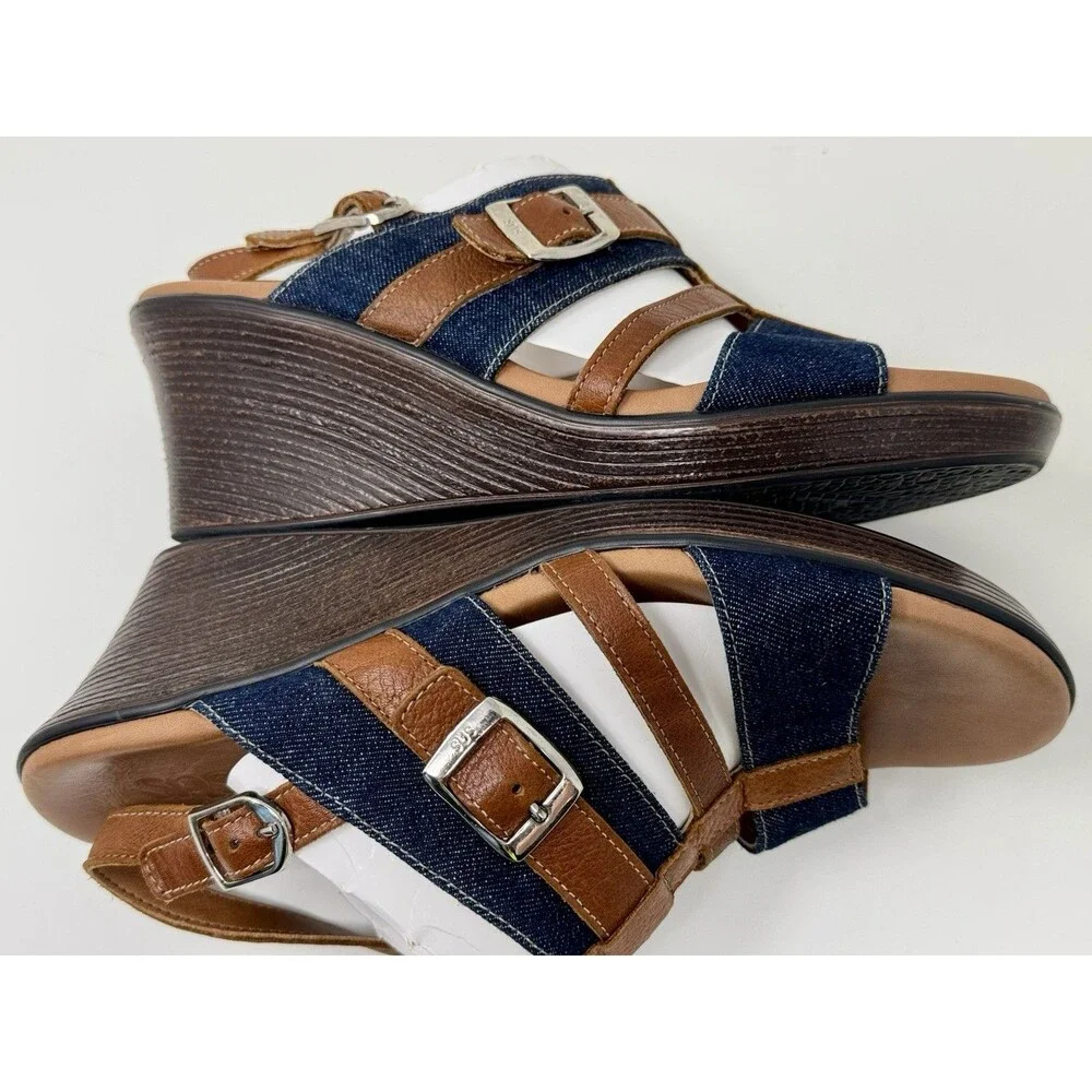 SAS Layla Brie Strappy‎ Denim Jean & Leather Wedge Sandal Shoe Size 10 M